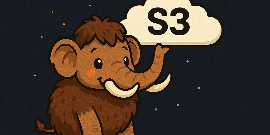 Ein niedliches Cartoon-Mammut hält eine Wolke mit der Aufschrift "S3" vor dunklem Hintergrund.