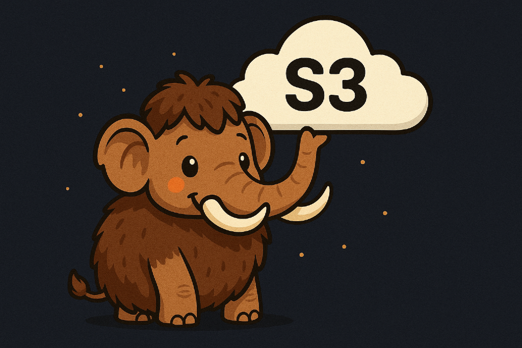 Ein niedliches Cartoon-Mammut hält eine Wolke mit der Aufschrift "S3" vor dunklem Hintergrund. Ein niedliches Cartoon-Mammut hält eine Wolke mit der Aufschrift "S3" vor dunklem Hintergrund.