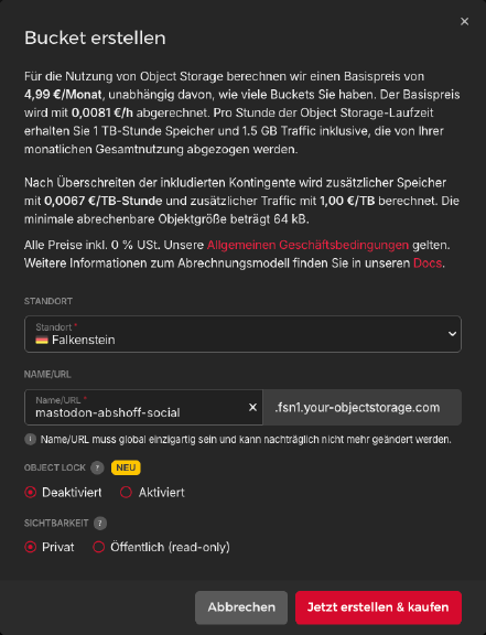 Dialog zur Anlage eines Buckets