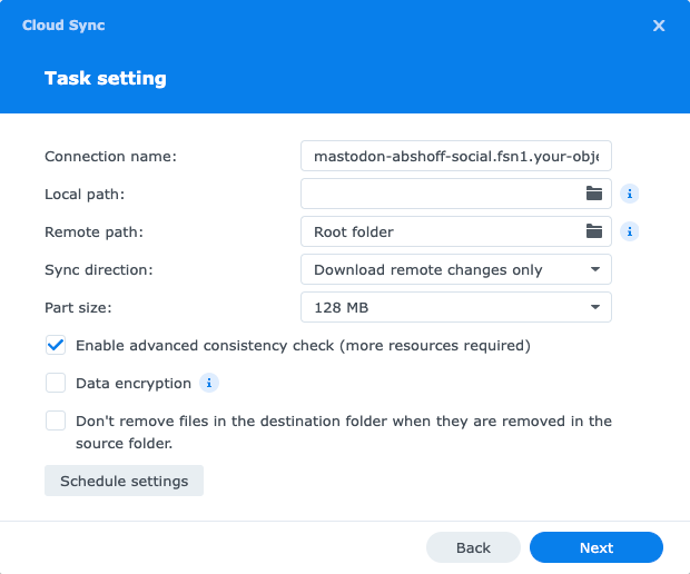 Einstellung für den Backup-Task