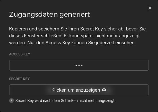 Zugangsdaten für das Bucket generieren